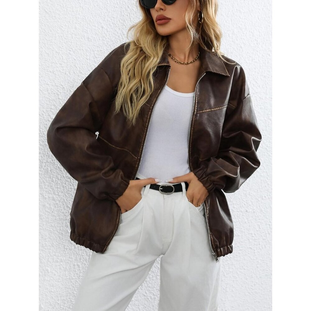 Women's Brown 2 Faux Leather Lapel Collar Zip Up Long Sleeve Short Coat Jacket - Picture 5 of 7